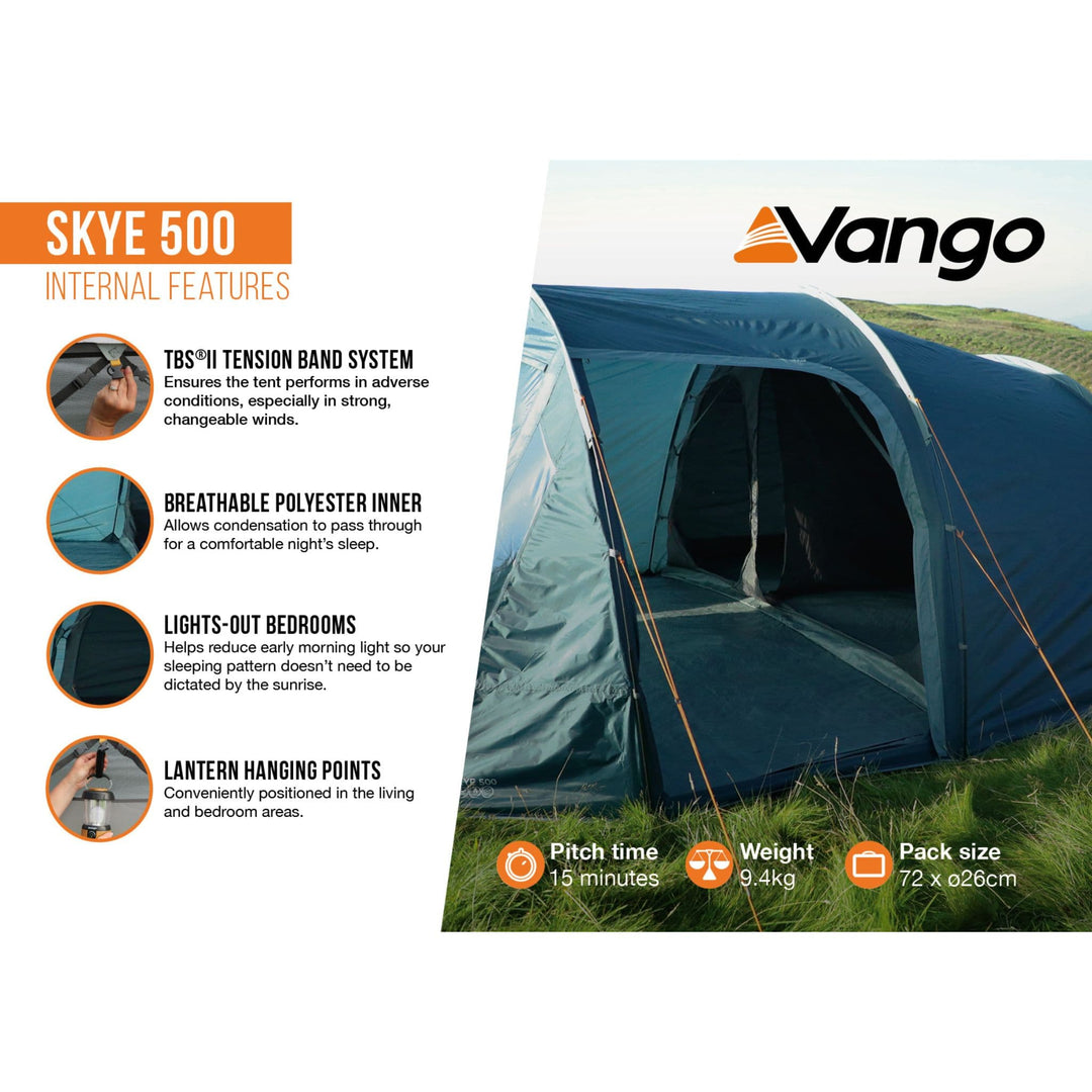 Internal features of the Vango Skye 500, a 5 man tent for festivals, including breathable polyester fabric and lantern hanging points.