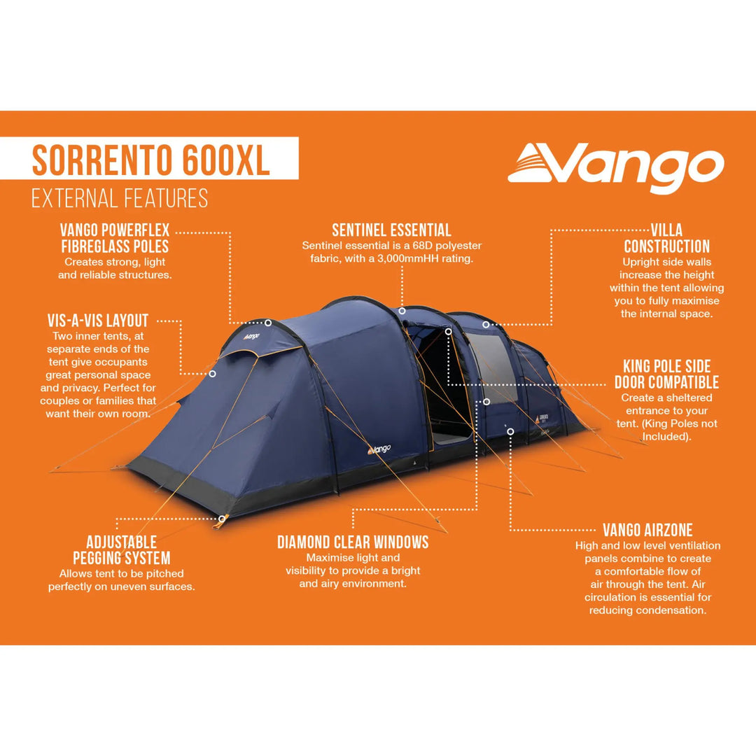 External features infographic of the Vango Sorrento 600XL Tent