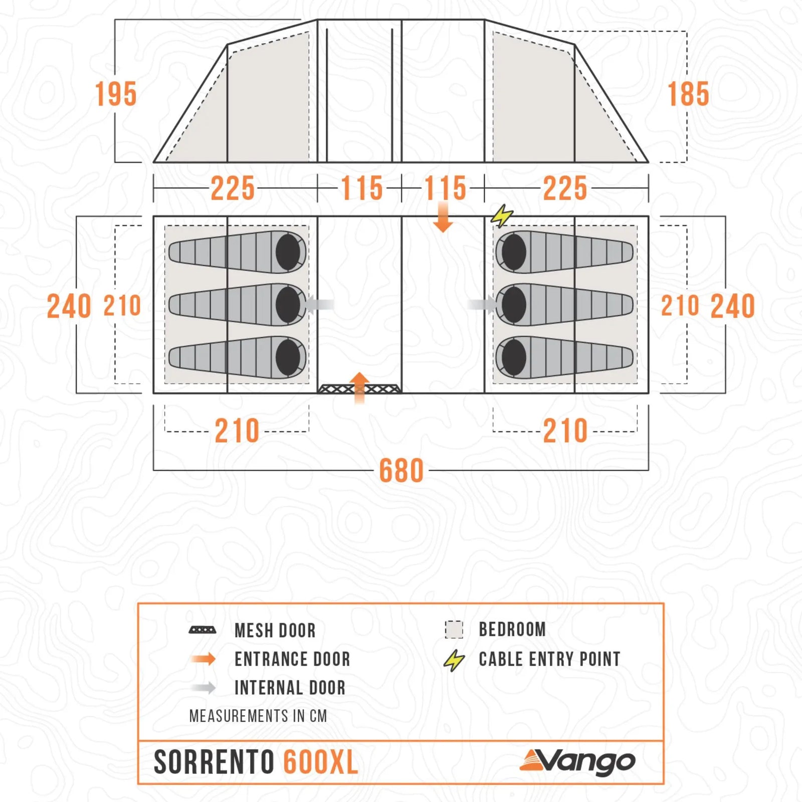 Measurement chart for Vango Sorrento 600XL tent with dimensions and layout details.
