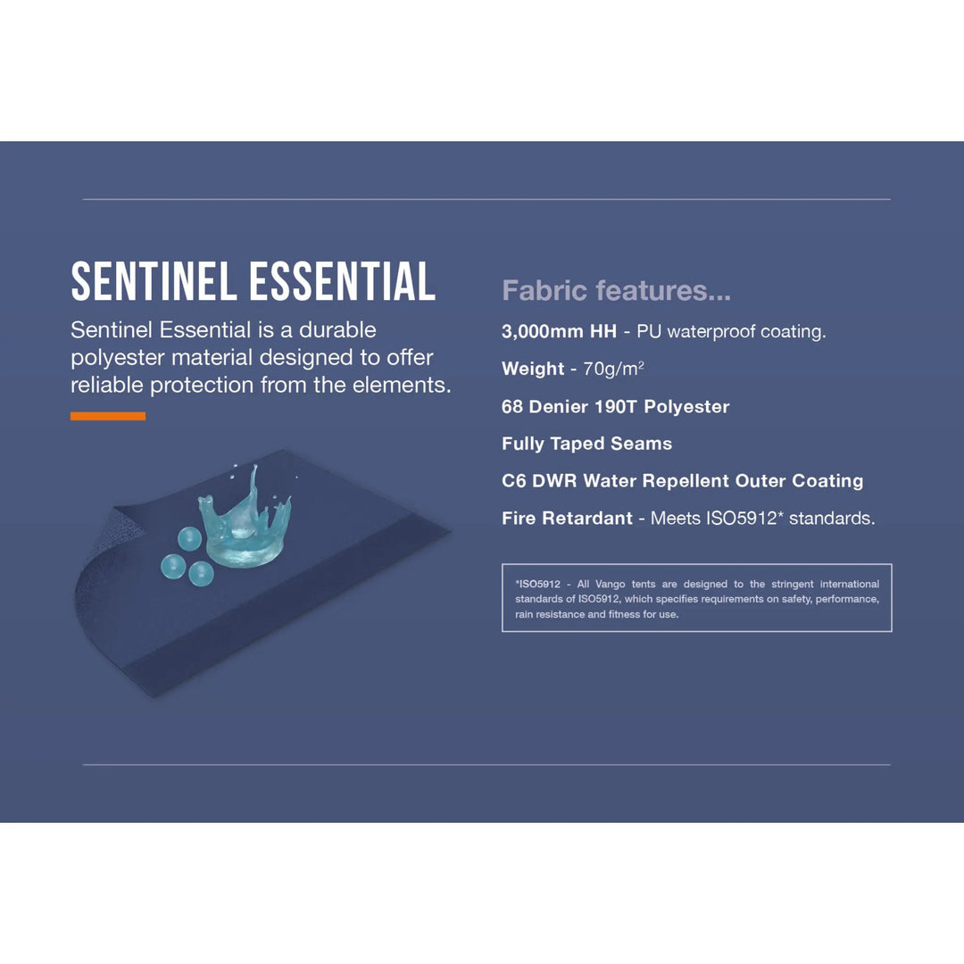 Product description of Sentinel Essential fabric on the Vango Sorrento 600XL Tent with features listed on a blue background