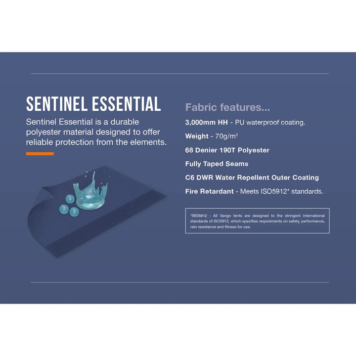 Product description of Sentinel Essential fabric on the Vango Sorrento 600XL Tent with features listed on a blue background