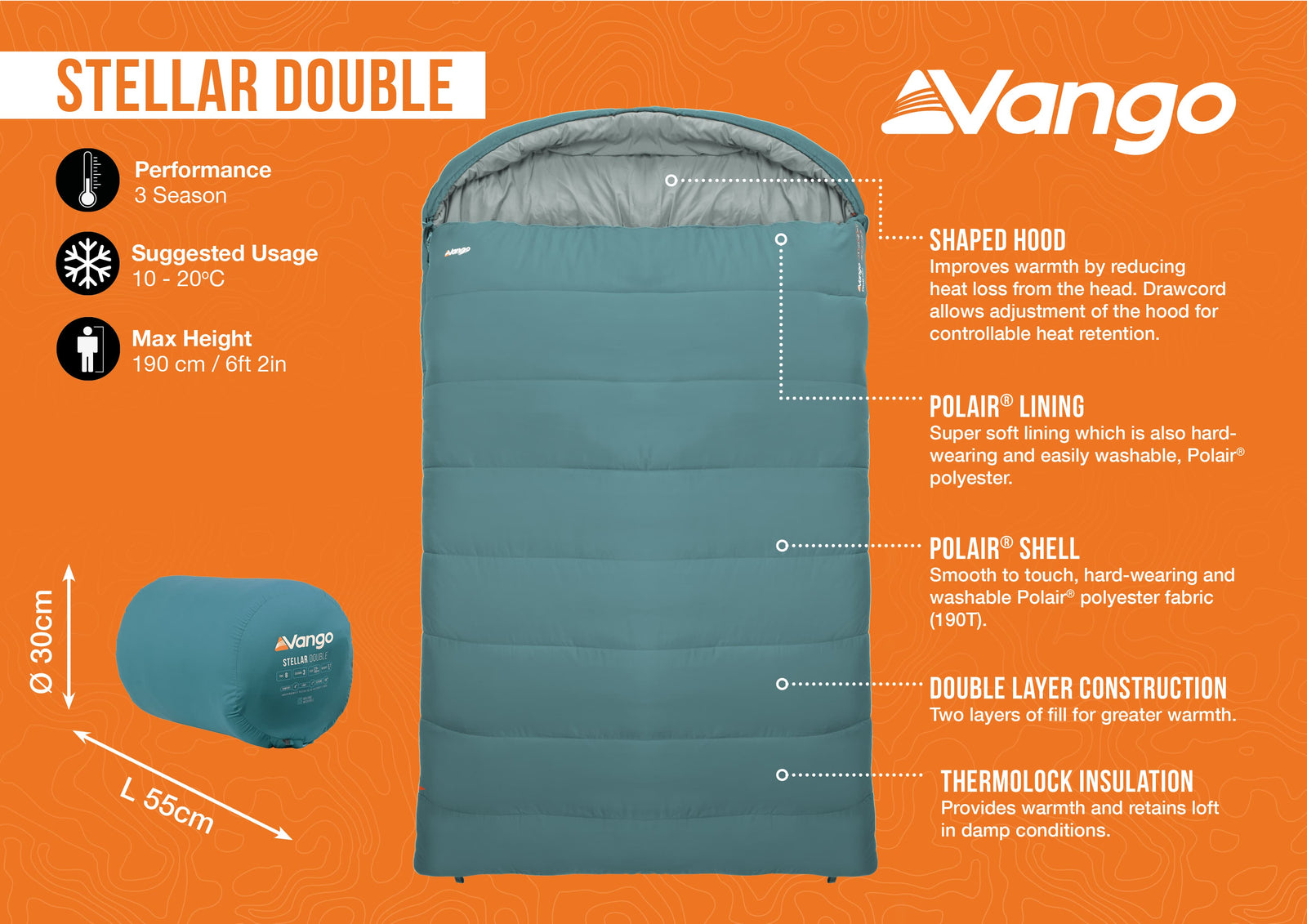 Vango Stellar Double sleeping bag infographic showcasing features like Polair® lining, double layer construction, and a shaped hood for enhanced warmth and comfort, ideal for adults.