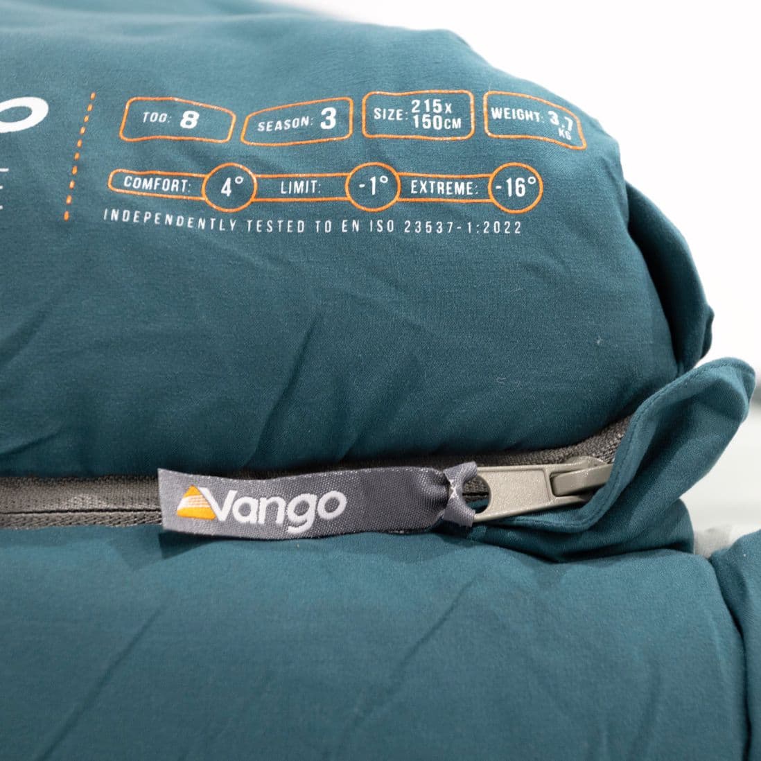 Close-up of the durable zip on the Vango Stellar Double adult sleeping bag, ensuring secure closure and heat retention.