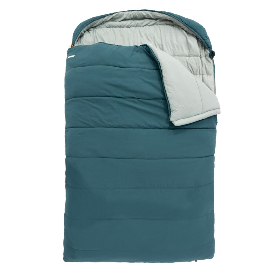 Vango Stellar Double large sleeping bag in oasis colour with an open side view, showing spacious interior for two adults.