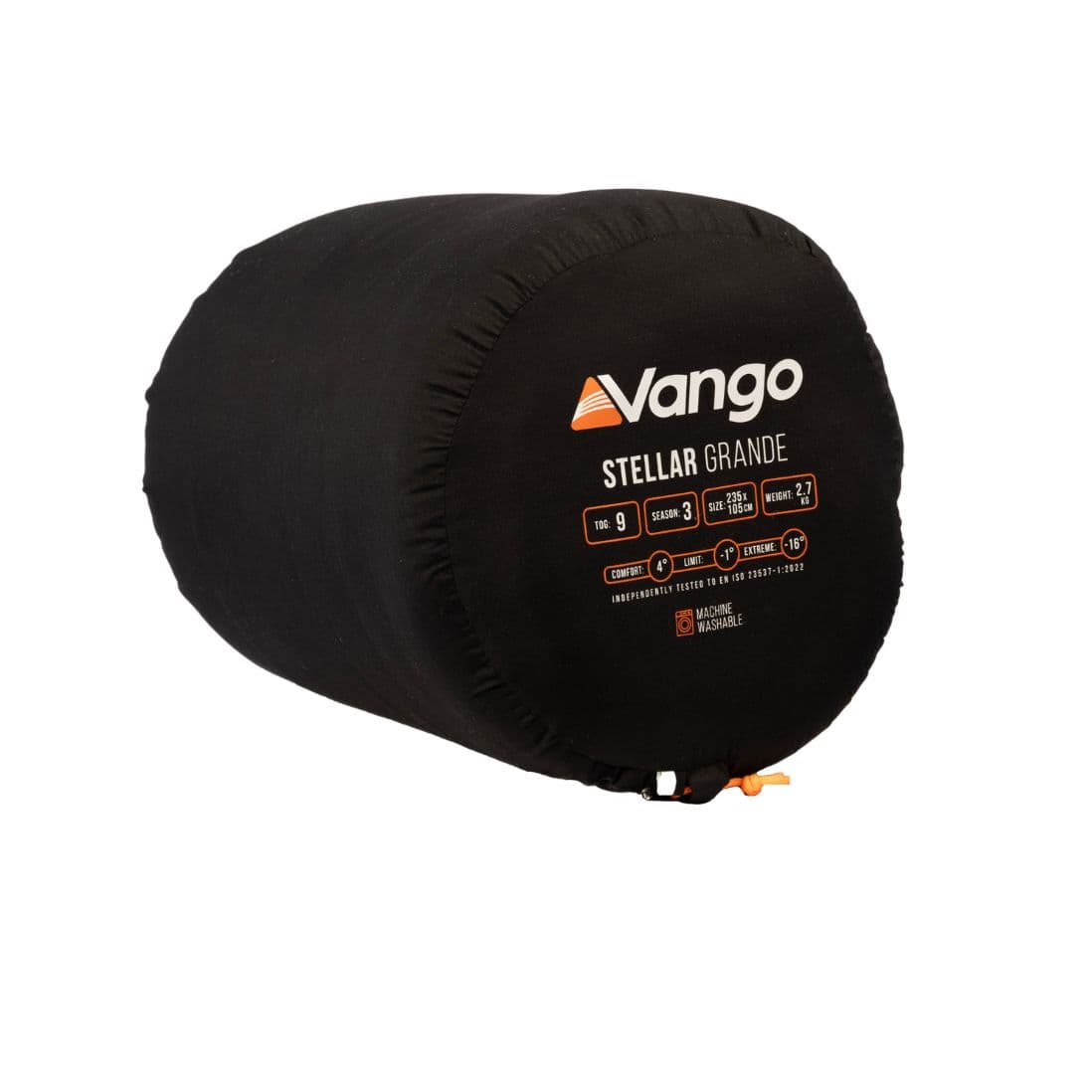 Compact Vango Stellar Grande adult sleeping bag packed in its carry bag for convenient storage and transport.