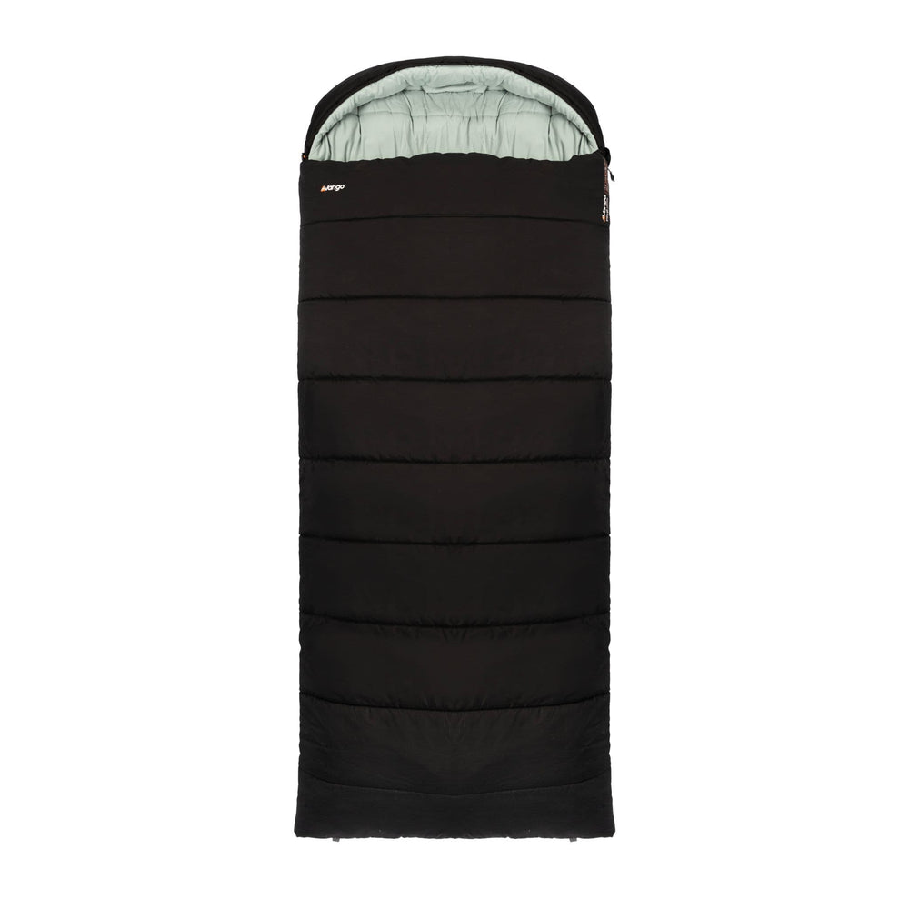 Front view of the Vango Stellar Grande adult sleeping bag in black, featuring a cosy hood and streamlined design.