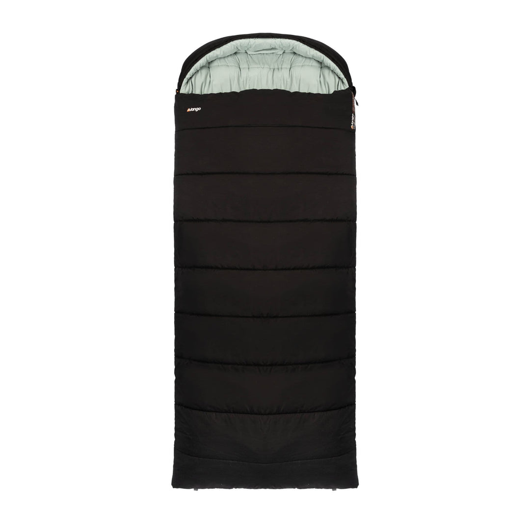 Front view of the Vango Stellar Grande adult sleeping bag in black, featuring a cosy hood and streamlined design.