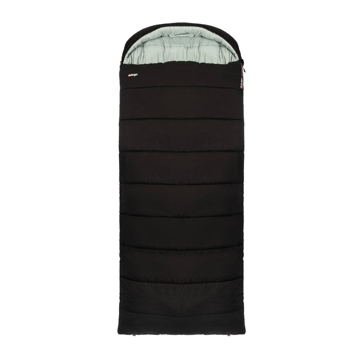 Front view of the Vango Stellar Grande adult sleeping bag in black, featuring a cosy hood and streamlined design.