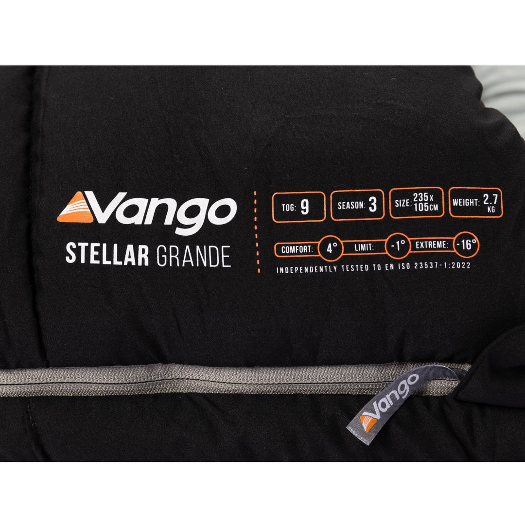 Product label on the Vango Stellar Grande large sleeping bag displaying its size, weight, and three-season temperature ratings.