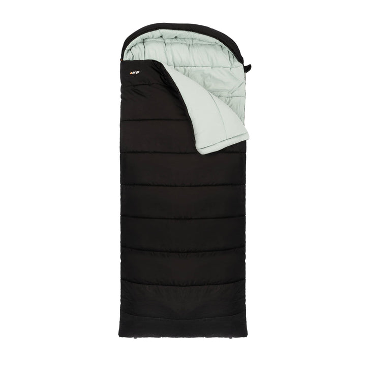 Vango Stellar Grande adult sleeping bag with the zip open, revealing the soft and insulated inner lining