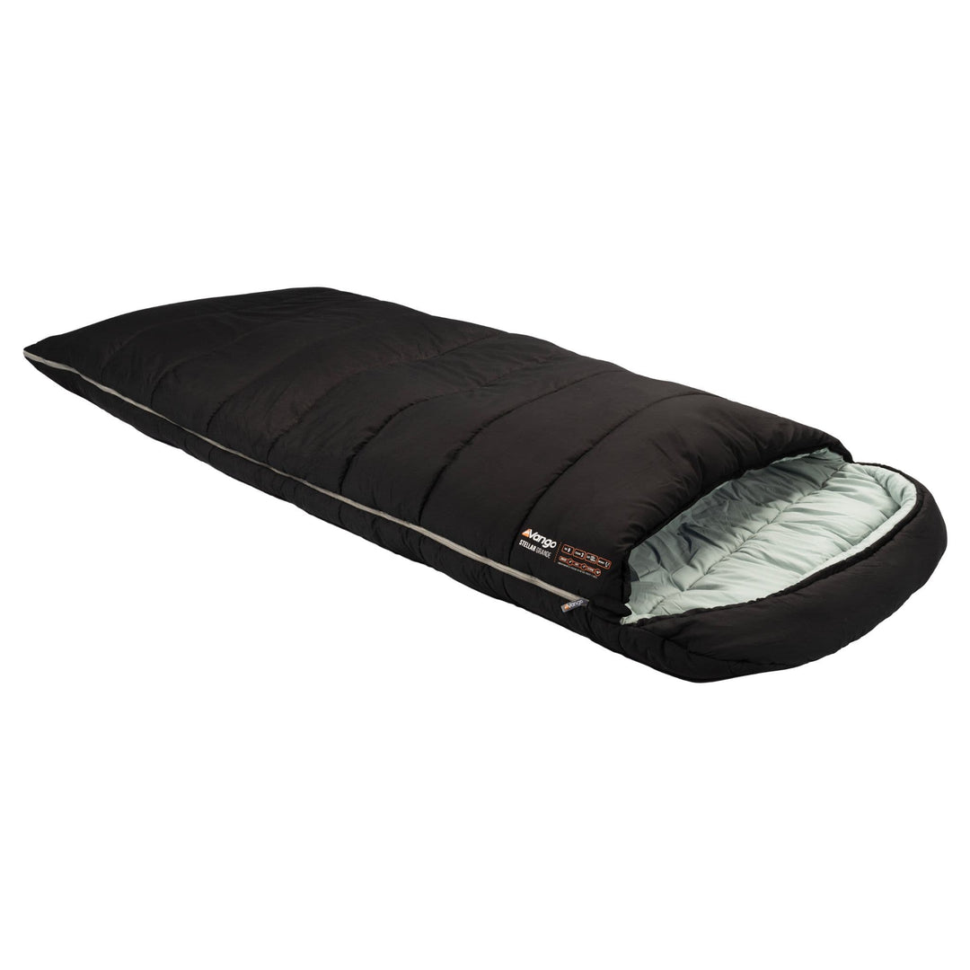 Side view of the Vango Stellar Grande large sleeping bag in black, showcasing the spacious design and soft lining.