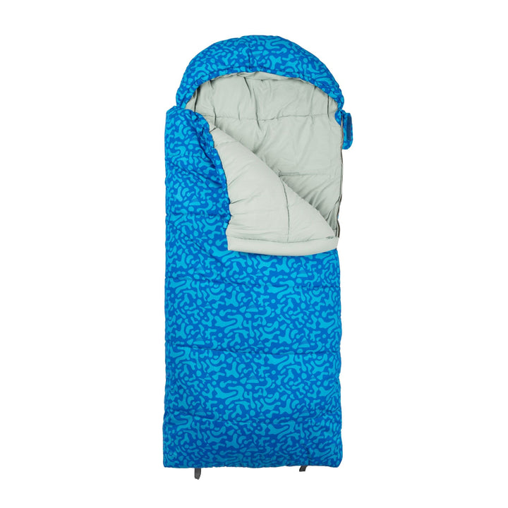 Vango Stellar Junior children's sleeping bag with zip opened to reveal the cosy interior.