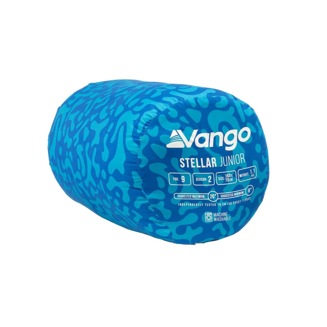 Vango Stellar Junior children's sleeping bag compactly rolled in its carry bag for easy storage and transport.