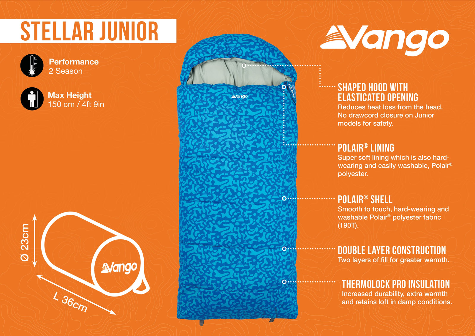 Infographic showcasing the features of the Vango Stellar Junior children's sleeping bag, including Polair fabric and Thermolock Pro insulation.