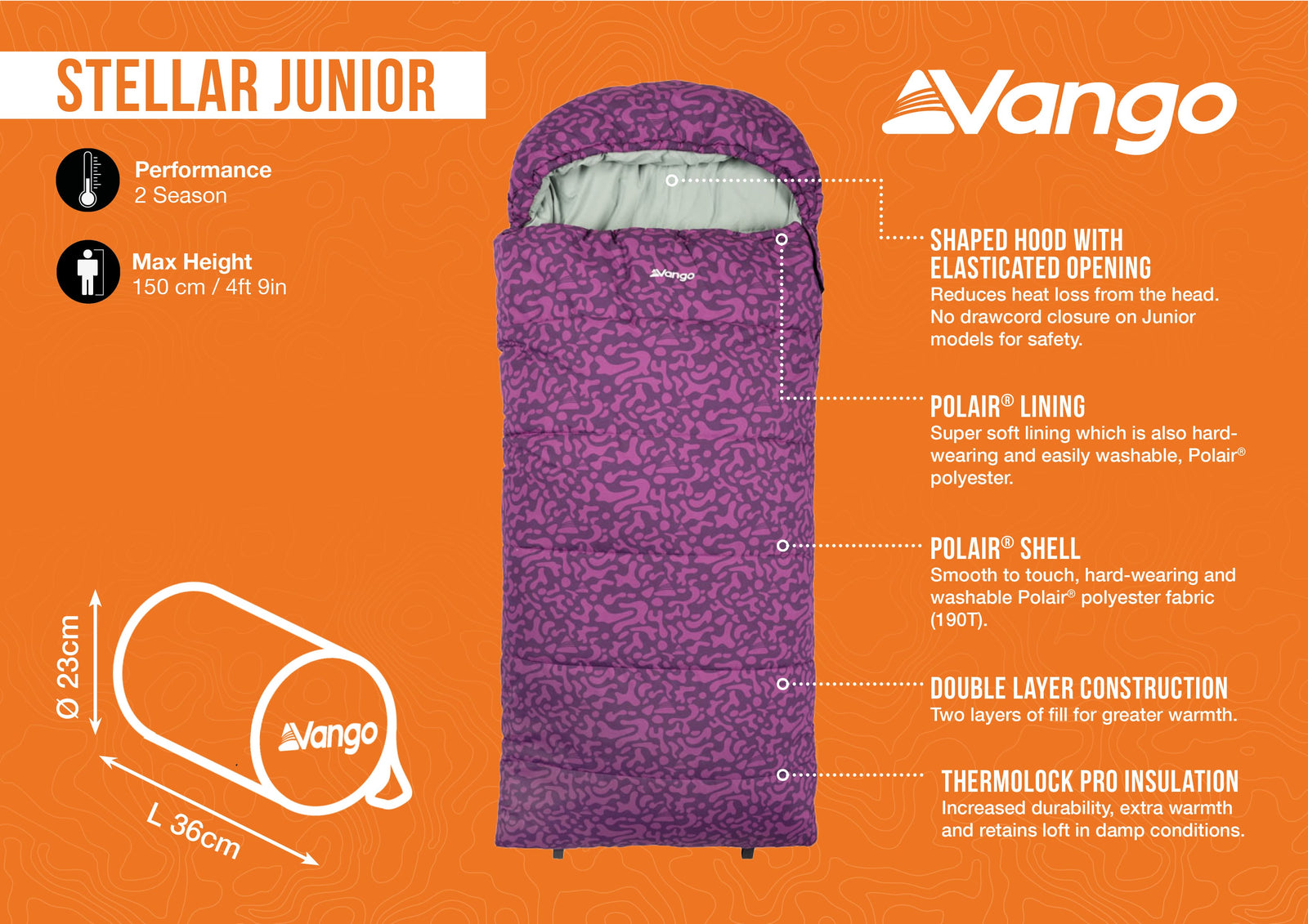 Infographic detailing the features of the Vango Stellar Junior children's sleeping bag in Byzantium, including Polair shell, double-layer construction, and Thermolock Pro insulation.