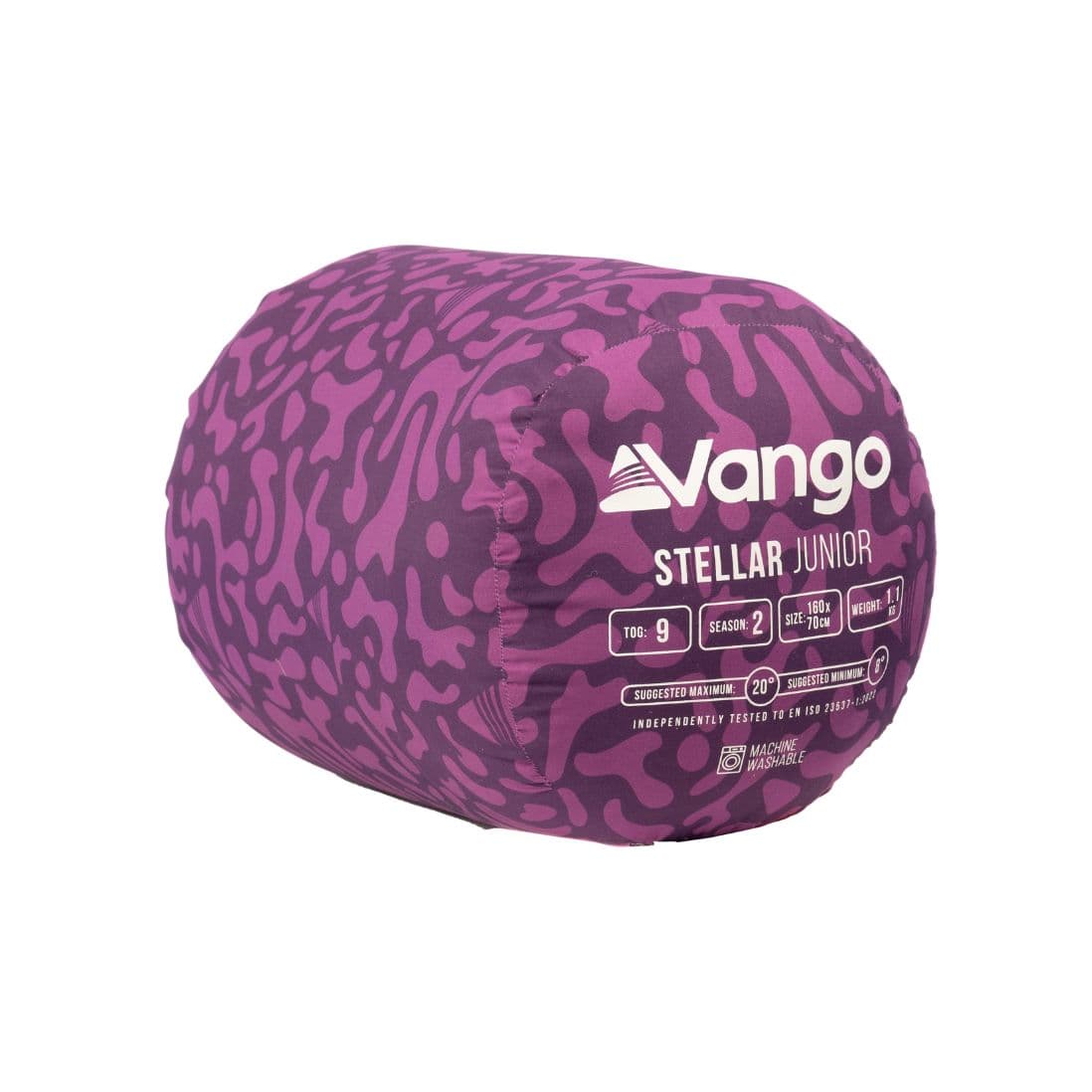 Compact Vango Stellar Junior children's sleeping bag in Byzantium packed in its carry bag for easy portability.