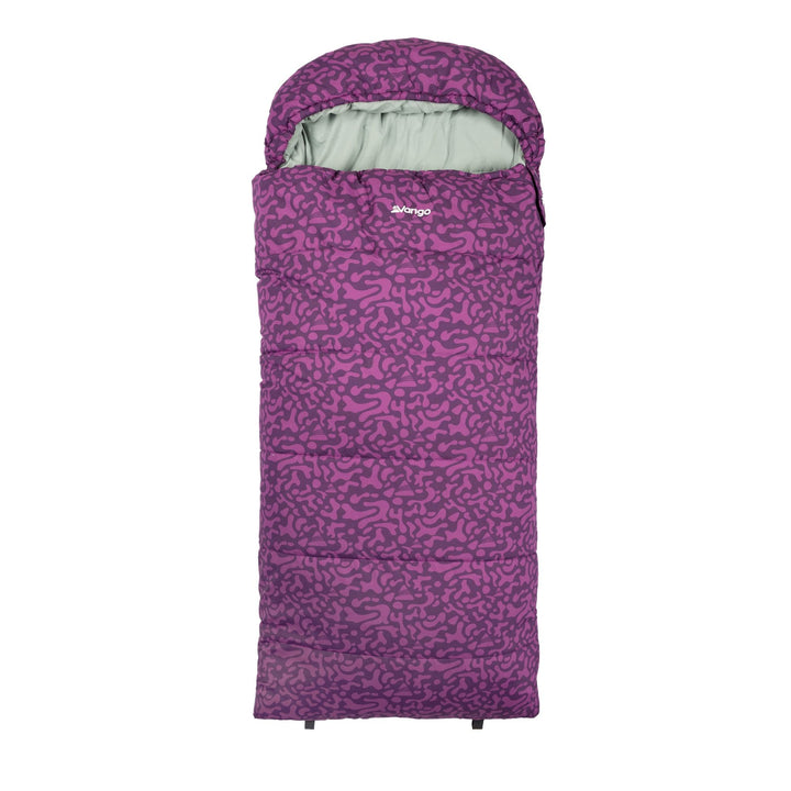 Front view of the Vango Stellar Junior children's sleeping bag in Byzantium, highlighting its cosy hood and soft fabric.