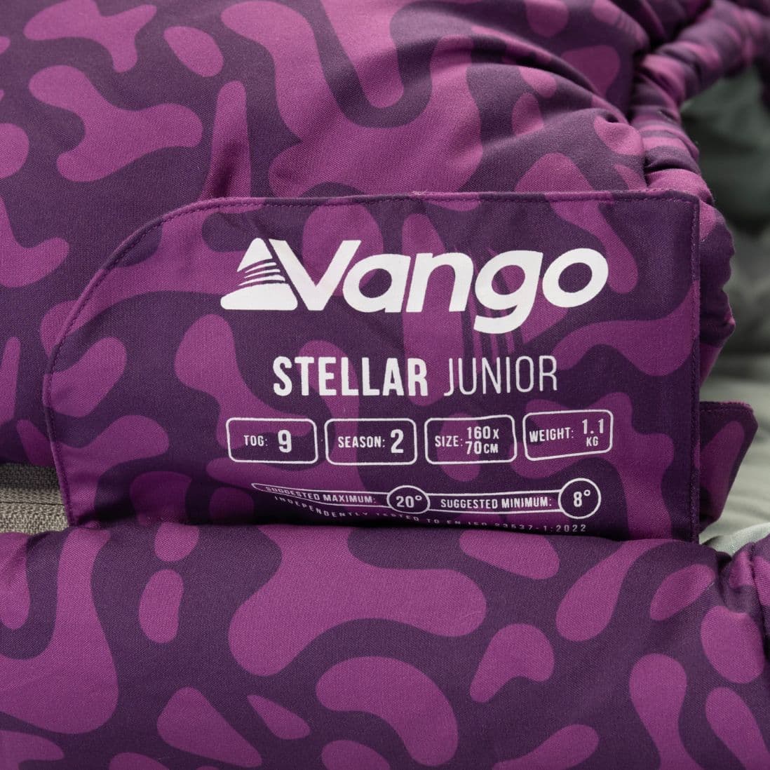 Product label for the Vango Stellar Junior children's sleeping bag in Byzantium showing size, weight, and temperature ratings.