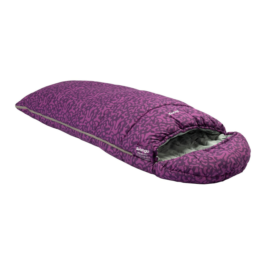 Vango Stellar Junior children's sleeping bag in Byzantium with a soft inner lining and unique patterned design.