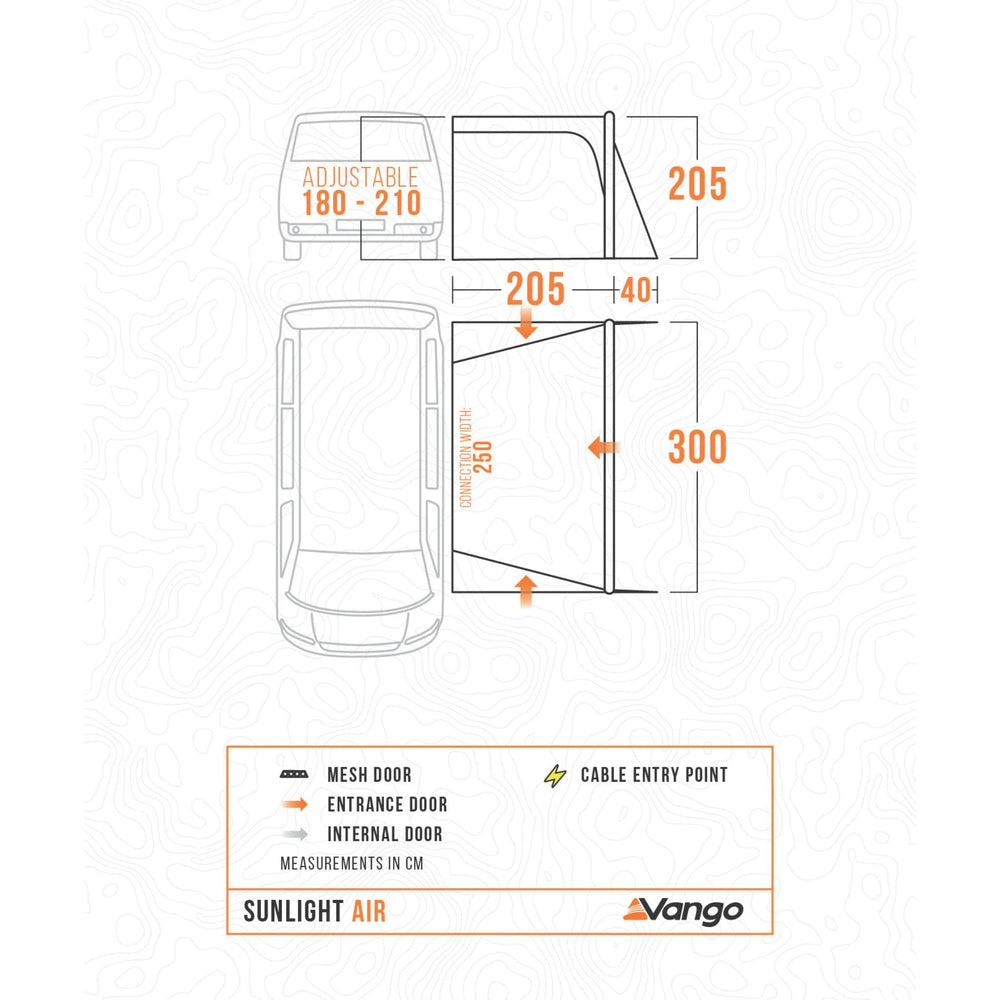 Vango Sunlight Air's floor plan layout, showcasing dimensions and key features like the adjustable height and width connection to camper vans.