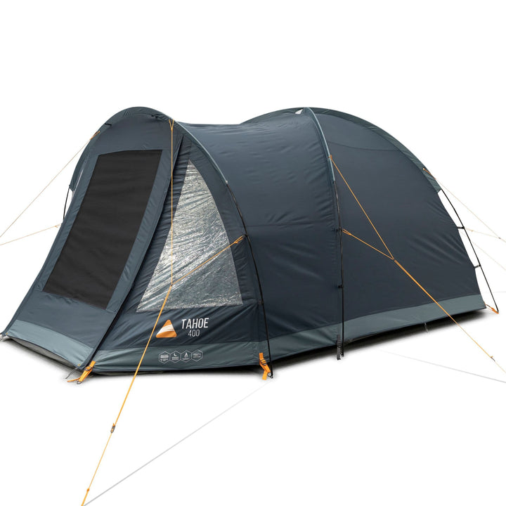 Side view of the Vango Tahoe 400 4 man tent with its front door closed and reinforced window panels.