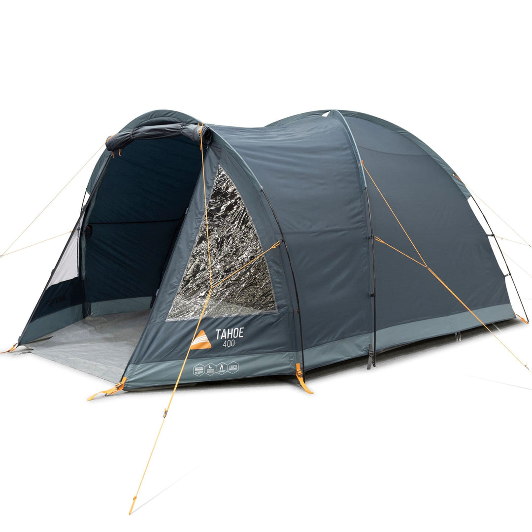 Front view of the Vango Tahoe 400 4 man tent with its door fully open, showing a roomy interior.