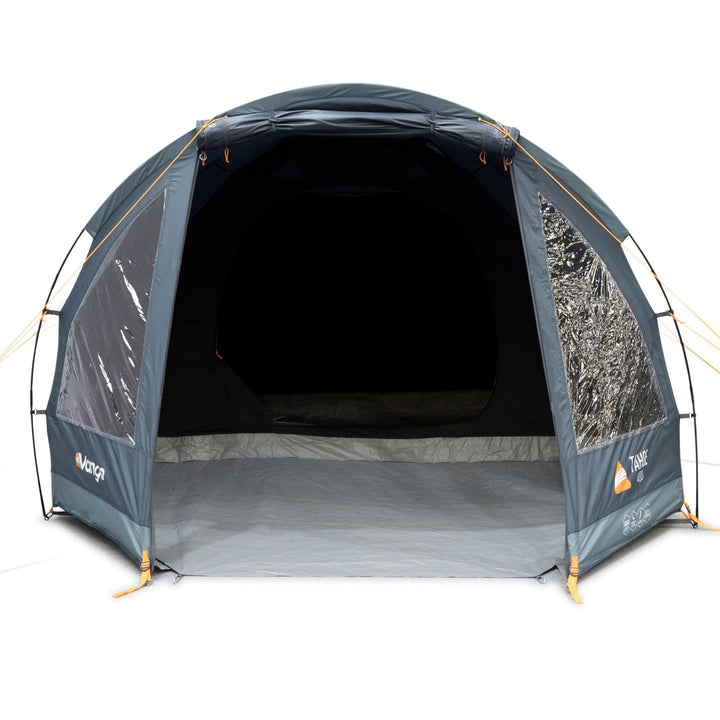 Spacious front entrance of the Vango Tahoe 400 tent open, highlighting the easy access design.