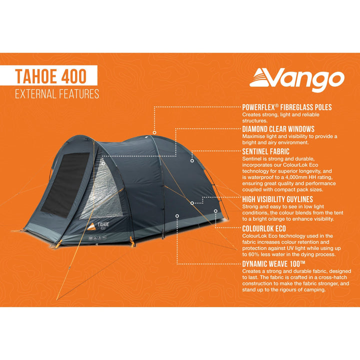 External features of the Vango Tahoe 400 4 man tent, showcasing PowerFlex poles, diamond clear windows, and high-visibility guylines.