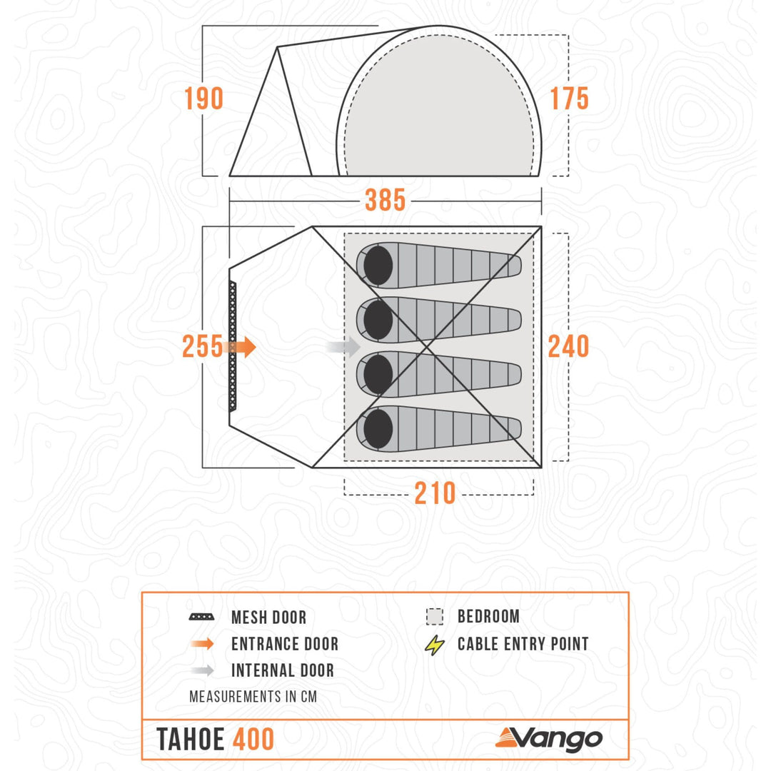 Floorplan of the Vango Tahoe 400 4 man tent with bedroom layout, dimensions, and entry points highlighted.