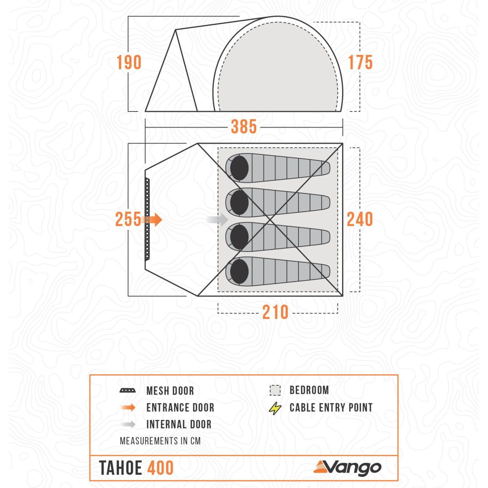 Floorplan of the Vango Tahoe 400 4 man tent with bedroom layout, dimensions, and entry points highlighted.