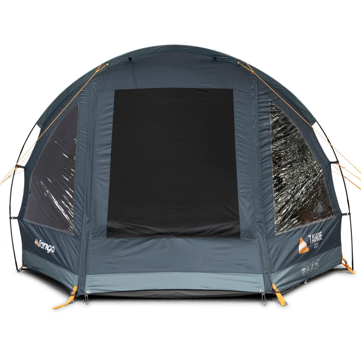 Front-facing view of the Vango Tahoe 400 tent showcasing its compact and sturdy design for 4 campers.