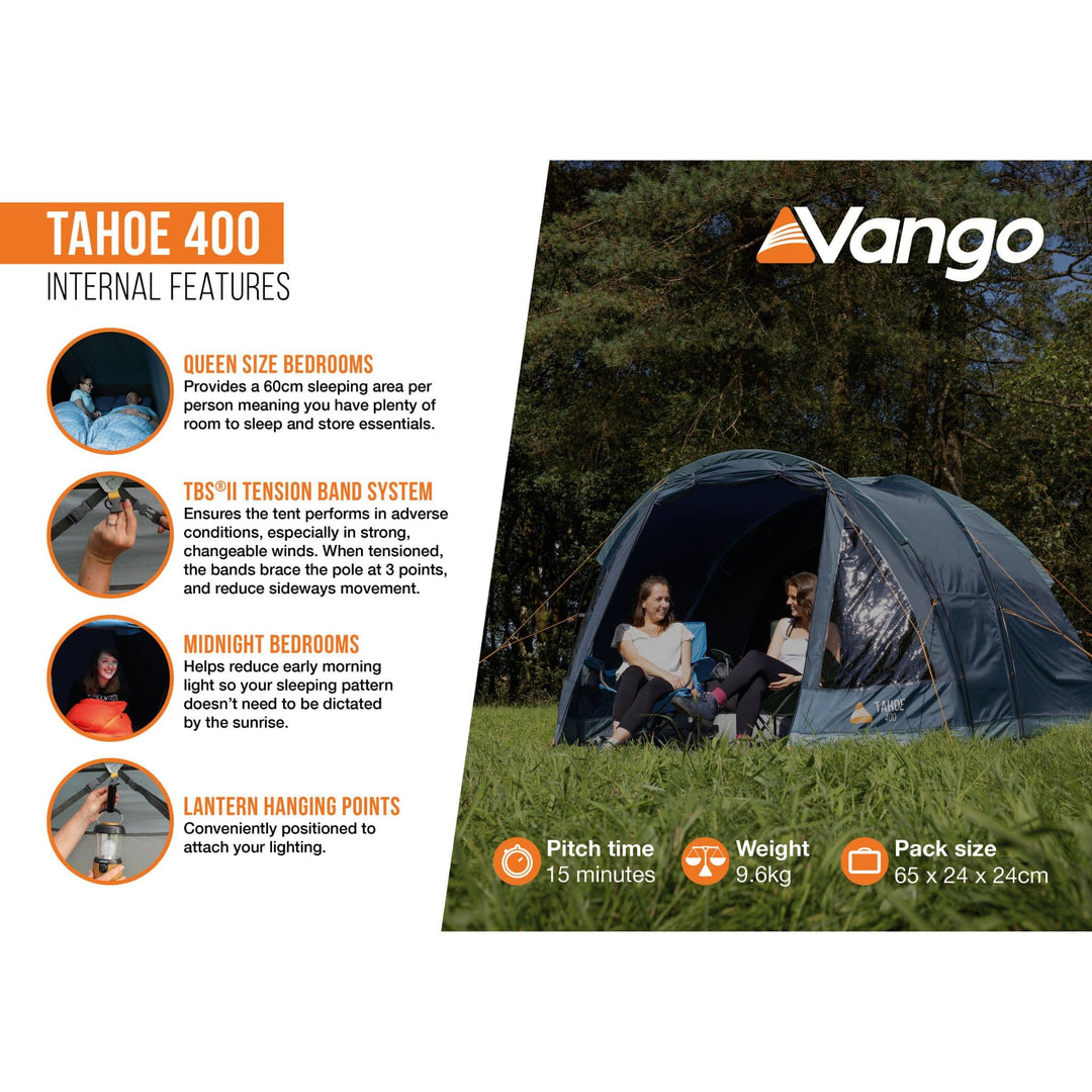 Internal features of the Vango Tahoe 400 4 man tent, including TBS II tension band system, queen-sized bedrooms, and midnight fabric for reduced light.