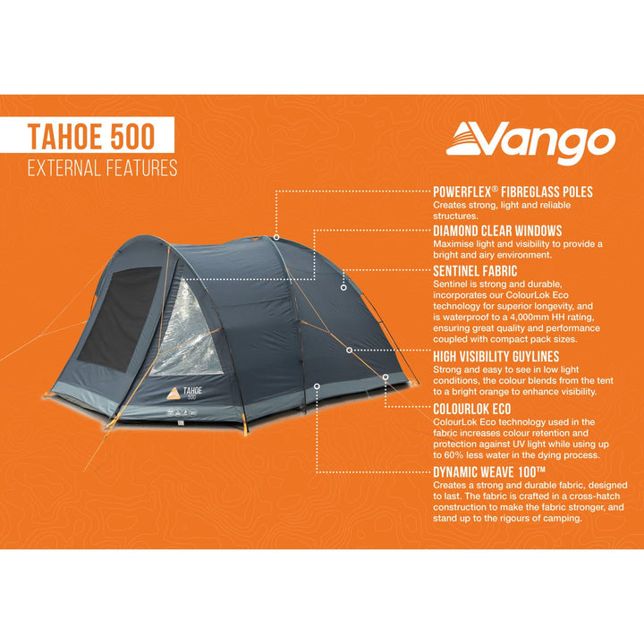 Vango Tahoe 500 external features infographic, detailing the tent’s key specifications and features, perfect for festival or weekend use