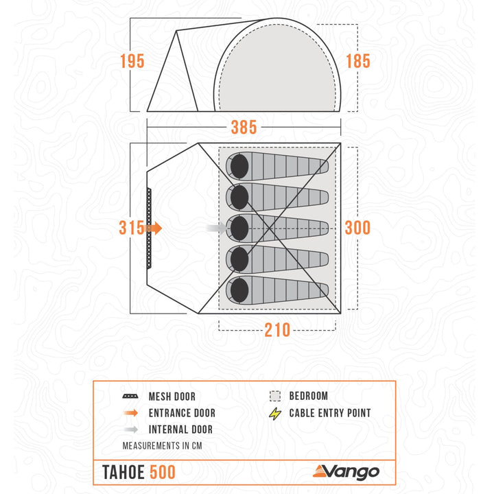 Floorplan of the Vango Tahoe 500 tent, illustrating sleeping areas and internal dimensions for a 5 person camping setup