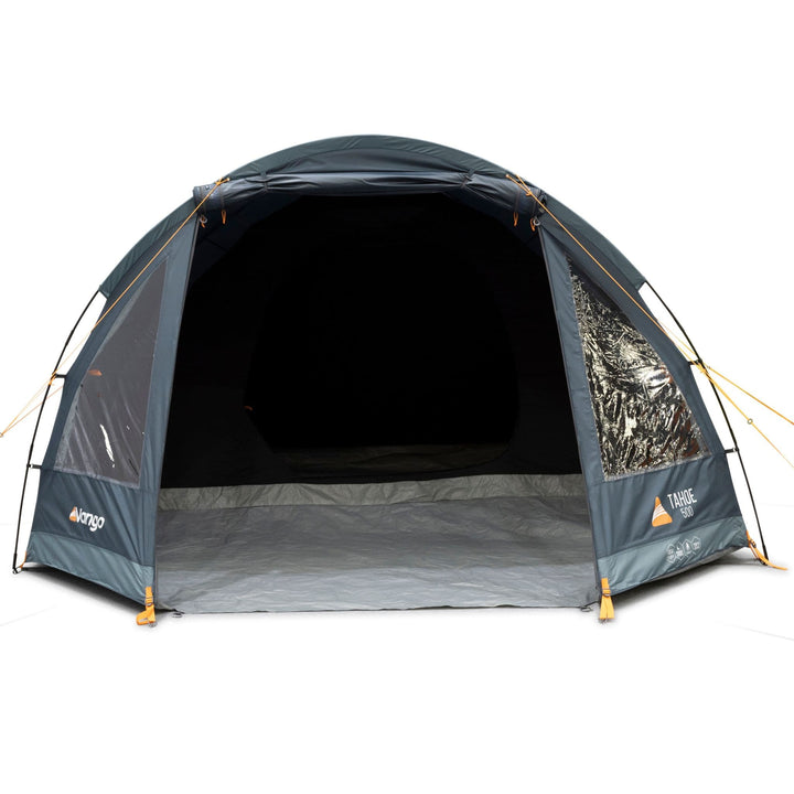 Front view of the Vango Tahoe 500 tent with the entrance fully open, providing a glimpse into the spacious interior for 5 campers.