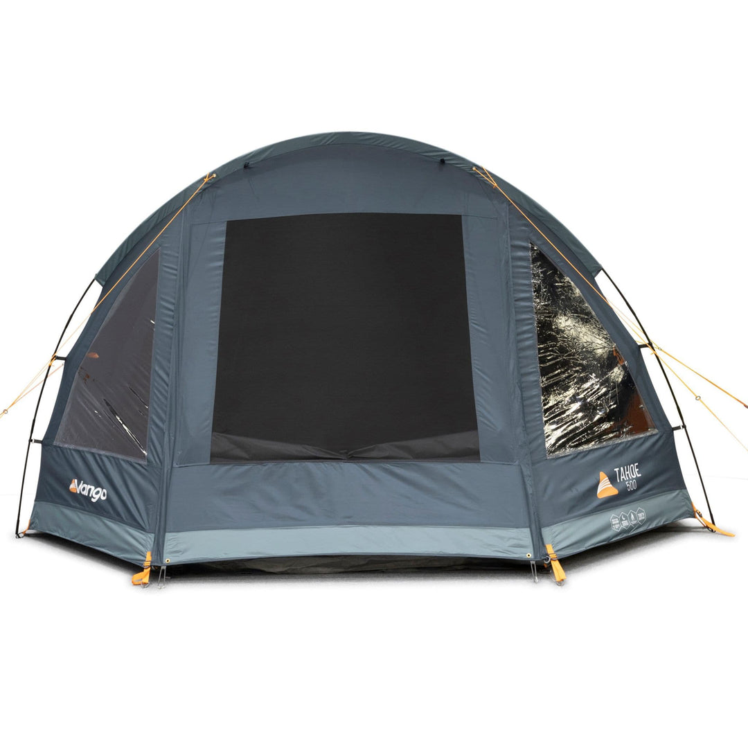 Front view of the Vango Tahoe 500 tent with the entrance partially open, showing the versatile door setup for ventilation and ease of access.