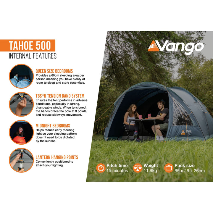 Vango Tahoe 500 internal features infographic, describing features like midnight bedrooms and lantern hanging points, ideal for festival camping