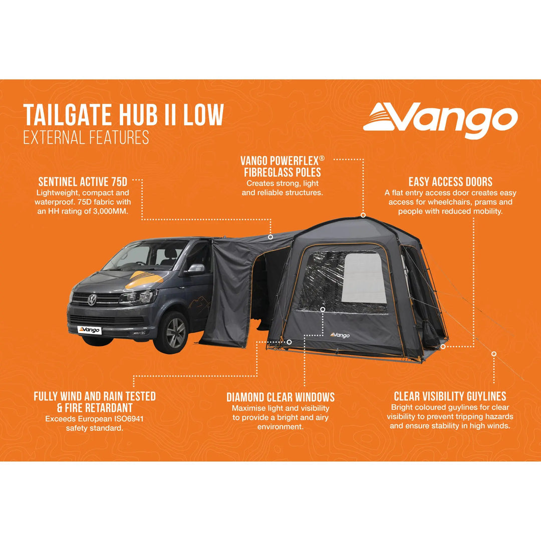 Vango Tailgate Hub II Low tent with external features listed on an infographic