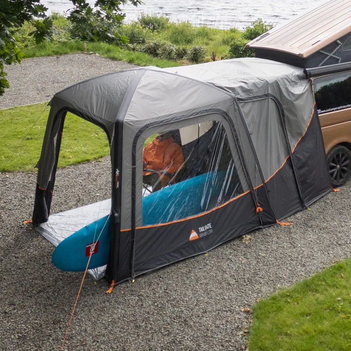 Vango Tailgate AirHub II Low Drive Away Awning attached to rear of campervan.
