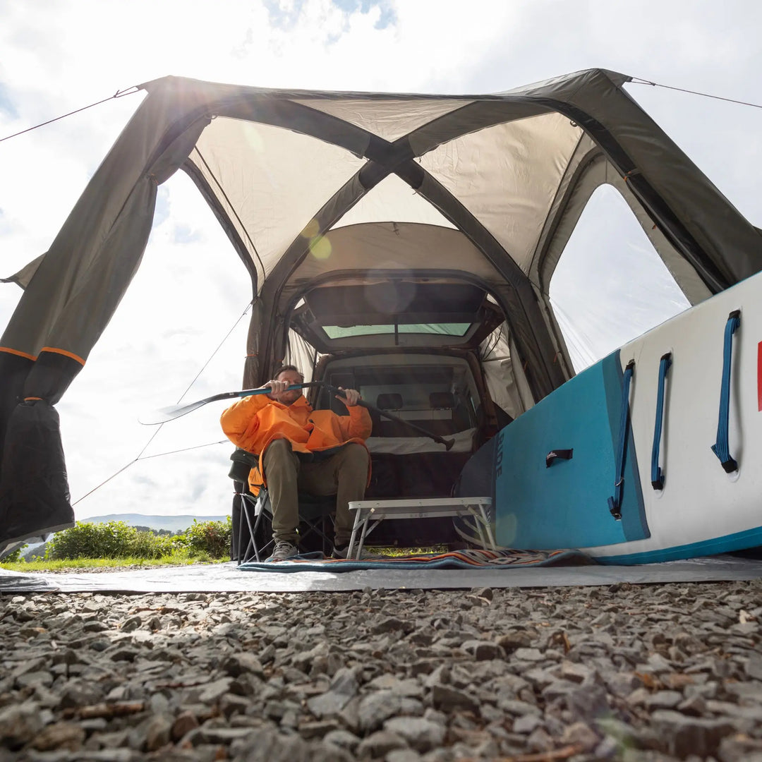 Vango Tailgate AirHub II Low Drive Away Awning attached to rear of VW Campervan