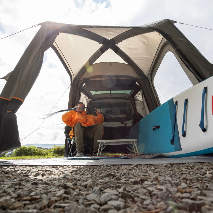 Vango Tailgate AirHub II Low Drive Away Awning attached to rear of VW Campervan