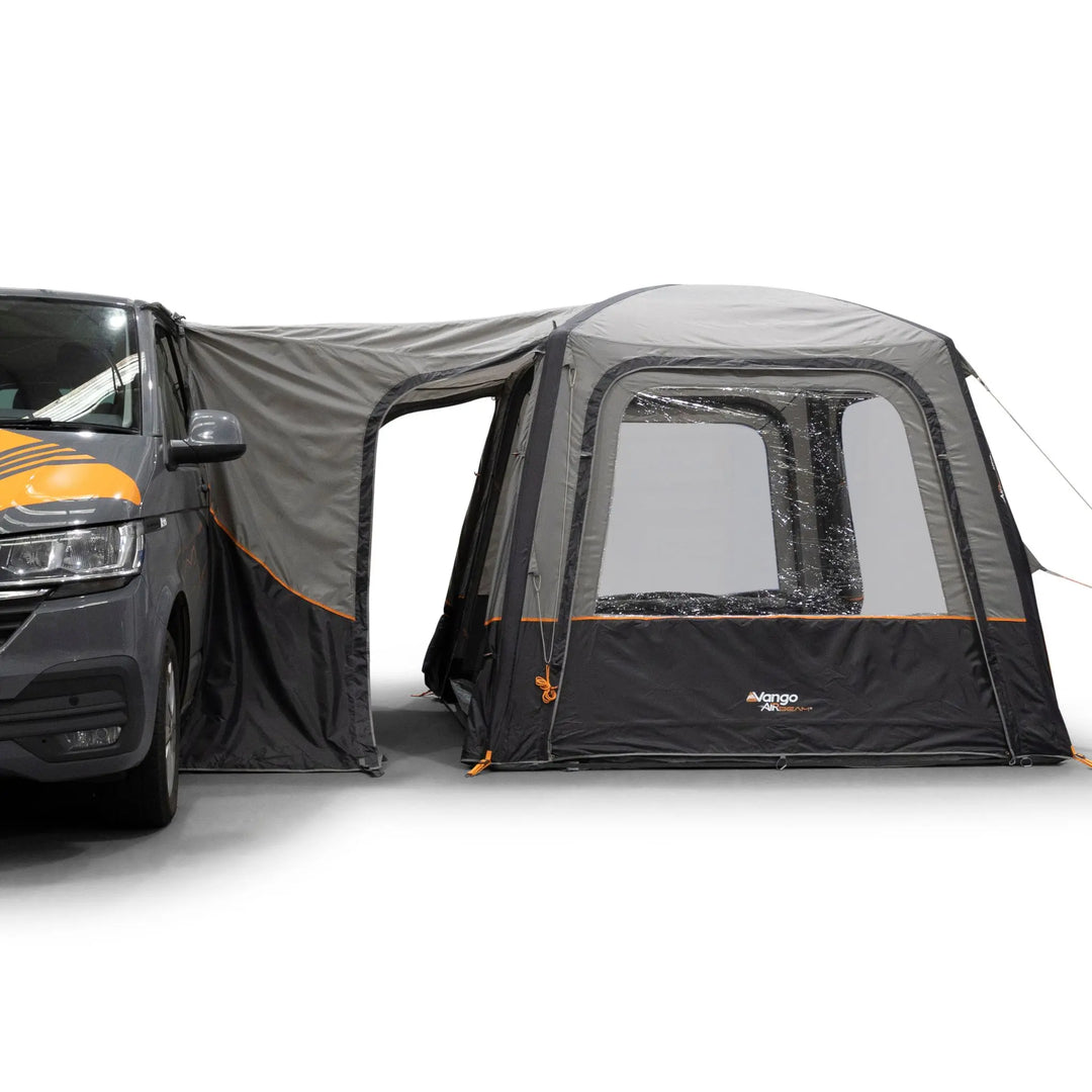 Vango Tailgate AirHub II Low Drive Away Awning tunnel door open and curtains open.