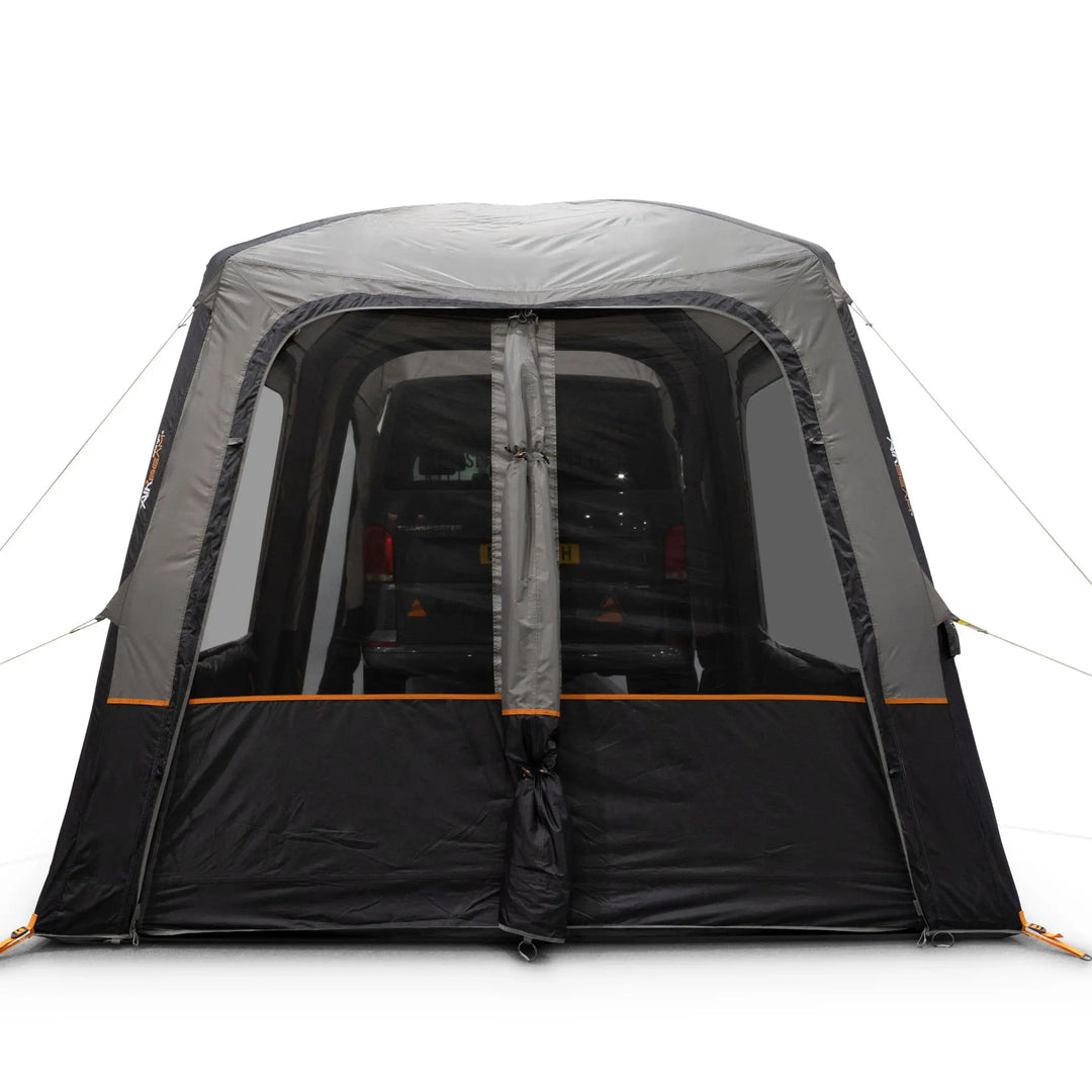 Vango Tailgate AirHub II Low Drive Away Awning front view showing front windows.