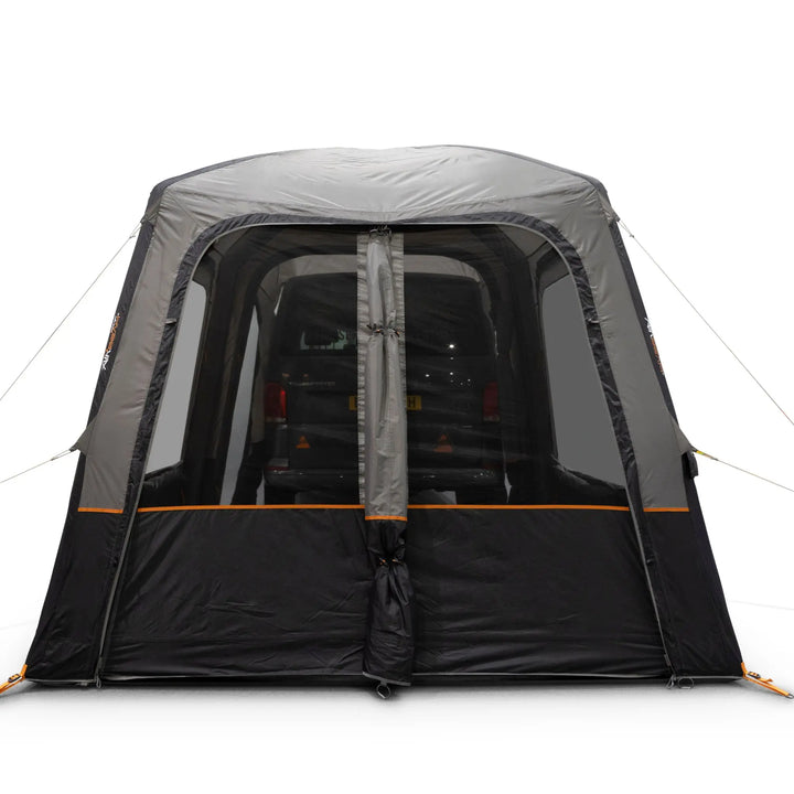 Vango Tailgate AirHub II Low Drive Away Awning front view showing front windows.