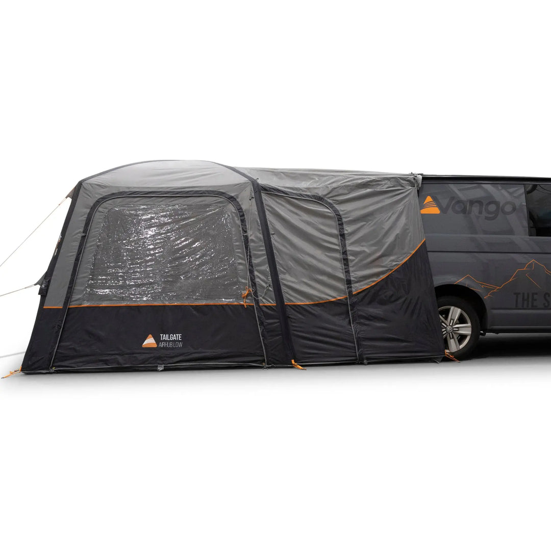 Vango Tailgate AirHub II Low Drive Away Awning side view with doors and curtains closed.