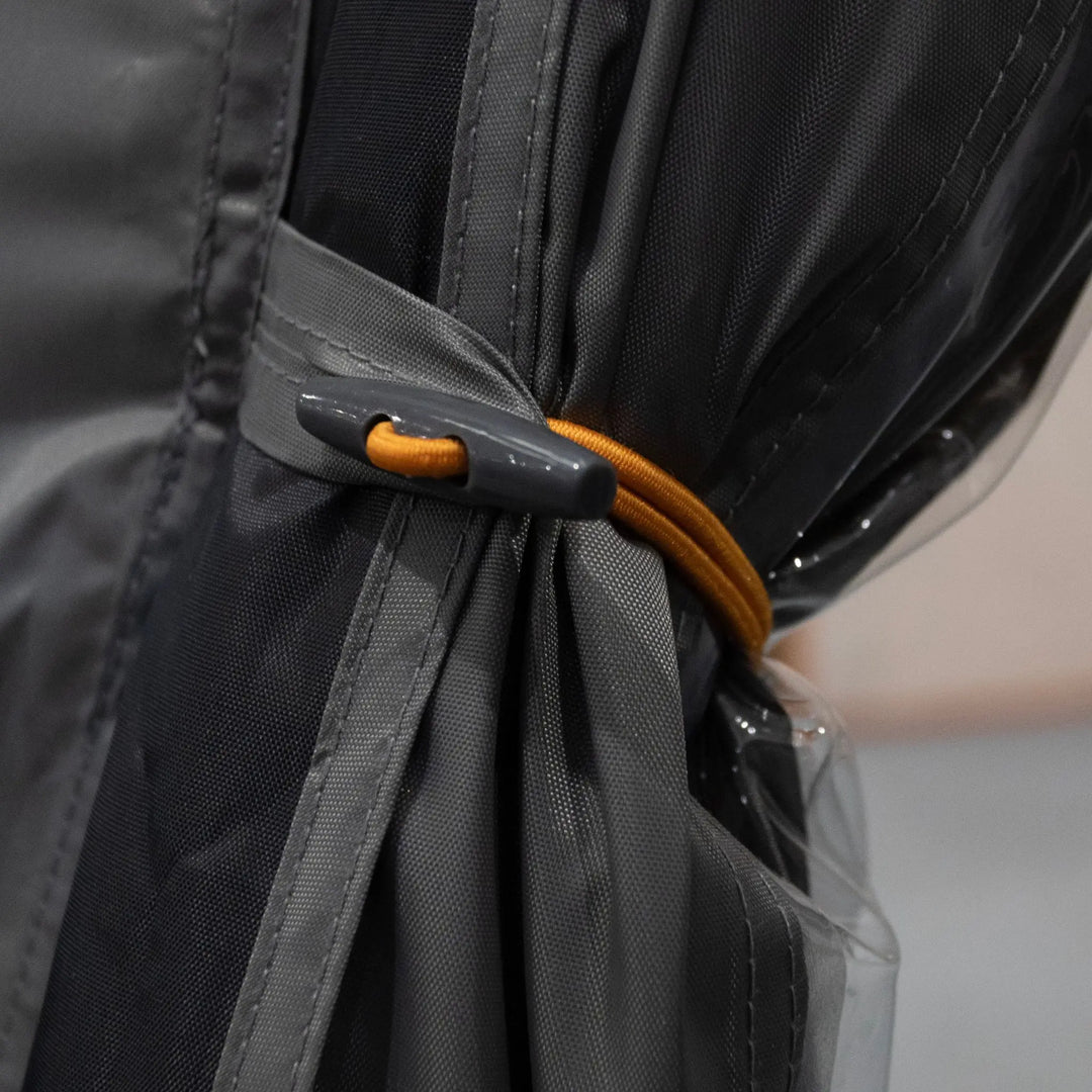 Close up of a toggle used on the Vango Tailgate AirHub II Low Drive Away Awning. 