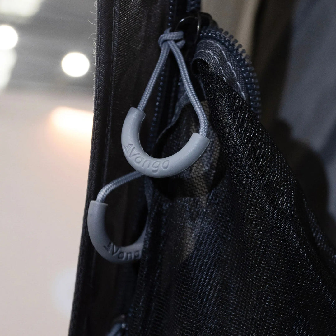 Close up of a zip used on the Vango Tailgate AirHub II Low Drive Away Awning. 
