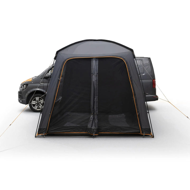 Front view of the Vango Tailgate Hub II Low awning highlighting secondary mesh doors.