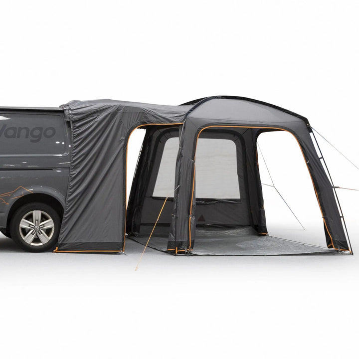 Open-side perspective of the Vango Tailgate Hub II Low Awning, illustrating spacious entry and practical setup for campervans.