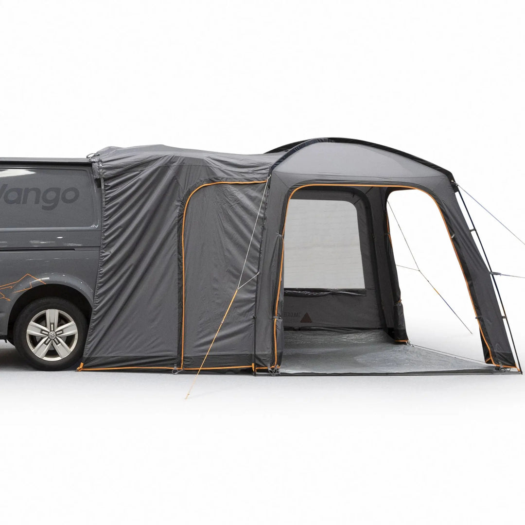 Fully set-up Vango Tailgate Hub II Low Awning attached to a campervan, showing easy access and functional design.